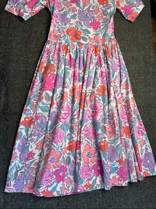 Vintage Laura Ashley Floral Puff-Sleeve Midi Dress Pink & Lavender sz 8 80s 90s - Picture 4 of 10
